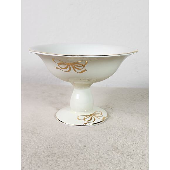 Teleflora Candy Dish Pedestal Bowl 5" Ivory Gold Trim Compote Dish 80s Korea - Picture 9 of 13